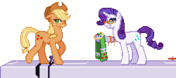 Size: 454x202 | Tagged: safe, artist:renaturnip, applejack, rarity, earth pony, pony, unicorn, glasses, pixel art, rarity's glasses, simple background, towel, transparent background