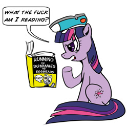 Size: 1000x1000 | Tagged: safe, artist:madmax, derpy hooves, twilight sparkle, pegasus, pony, book, female, for dummies, mare, shoe on head, shoes, solo, twilight is not amused, unamused, vulgar, wardrobe misuse, what the fuck am i reading