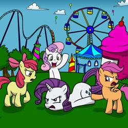 Size: 1000x1000 | Tagged: safe, artist:madmax, apple bloom, rarity, scootaloo, sweetie belle, pony, unicorn, carnival, colored, cutie mark crusaders, face down ass up, ferris wheel, roller coaster