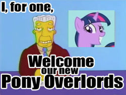Size: 320x240 | Tagged: safe, derpibooru import, edit, edited screencap, screencap, twilight sparkle, artifact, clothes, i for one welcome our new overlords, image macro, join the herd, kent brockman, meme, necktie, smiling, suit, text, the simpsons, this will end in tears, welcome to the herd