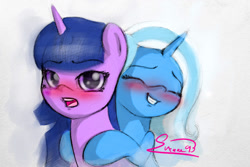 Size: 1024x683 | Tagged: safe, artist:sverre93, derpibooru import, trixie, twilight sparkle, pony, unicorn, blushing, female, hug, lesbian, mare, shipping, twixie