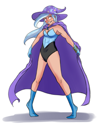 Size: 909x1150 | Tagged: safe, artist:lorenz3, artist:notaletolivefor, derpibooru import, trixie, human, abs, cape, clothes, hat, humanized, leotard, simple background, smiling, solo, trixie's cape, trixie's hat, white background