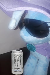 Size: 1386x2048 | Tagged: safe, derpibooru import, edit, trixie, 30 year old boomer, boomer, meme, monster energy, plushie