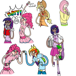 Size: 900x900 | Tagged: safe, artist:sydsydguv259, derpibooru import, applejack, fluttershy, rainbow dash, spike, twilight sparkle, adventure time, clothes, dress, glasses, hat, humanized, shoes, skinny, skirt, sneakers