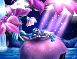 Size: 900x700 | Tagged: safe, artist:yummiestseven65, princess luna, alicorn, pony, do princesses dream of magic sheep, female, flower, giant flower, glowing flower, luna's dream, mare, night, sleeping, solo, waterfall