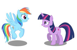 Size: 950x619 | Tagged: safe, artist:queencold, derpibooru import, rainbow dash, twilight sparkle, unicorn twilight, pegasus, pony, unicorn, duo, female, flying, mare, raised hoof, simple background, transparent background