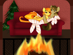 Size: 1280x960 | Tagged: safe, artist:sugarberry, spitfire, oc, oc:chocolate chips, earth pony, pegasus, pony, blushing, canon x oc, christmas, christmas tree, clothes, clover, female, firechips, fireplace, four leaf clover, holiday, male, mare, shipping, smiling, socks, sofa, stallion, straight, striped socks, thigh highs, tree