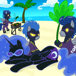 Size: 1000x1000 | Tagged: safe, artist:madmax, descent, nightmare moon, nightshade, alicorn, pegasus, pony, barbeque, beach, bipedal, clothes, costume, goggles, massage, shadowbolts, shadowbolts (nightmare moon's minions), shadowbolts costume, sunglasses, tree, veggie burger