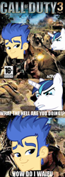 Size: 266x720 | Tagged: safe, flash sentry, shining armor, pony, unicorn, call of duty, exploitable meme, flash sentry savior of the universe, flashface, forced meme, meme, waifu thief