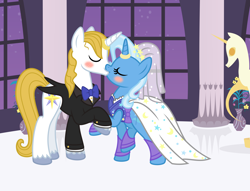 Size: 9810x7500 | Tagged: safe, artist:mactavish1996, artist:zoevulpez, derpibooru import, prince blueblood, trixie, pony, unicorn, absurd resolution, bluetrix, blushing, clothes, dress, female, male, mare, shipping, straight, vector, wedding, wedding dress, wedding ring