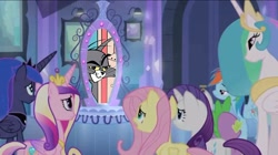 Size: 1440x807 | Tagged: safe, edit, edited screencap, screencap, fluttershy, princess cadance, princess celestia, princess luna, rainbow dash, rarity, spike, equestria girls, equestria girls (movie), exploitable meme, portal meme, that fucking cat, tom and jerry