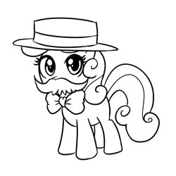 Size: 500x500 | Tagged: safe, artist:madmax, sweetie belle, pony, unicorn, bowtie, female, filly, hat, looking at you, monochrome, moustache, simple background, solo, white background