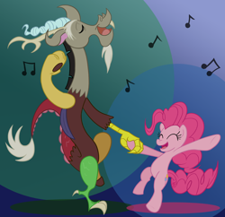 Size: 1136x1100 | Tagged: safe, artist:invderlava, discord, pinkie pie, draconequus, earth pony, pony, dancing, male