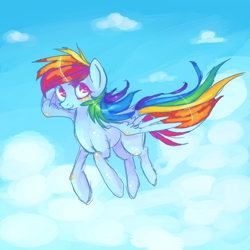 Size: 600x600 | Tagged: safe, artist:butterfly-pants, rainbow dash, pegasus, pony, blue coat, female, flying, mare, multicolored mane, solo