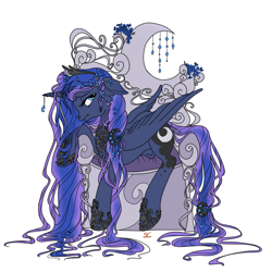 Size: 1024x1024 | Tagged: safe, artist:sourcherry, princess luna, alicorn, pony, floppy ears, modern art, nouveau, prone, solo, unamused