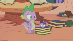 Size: 1280x720 | Tagged: safe, artist:capnpea, derpibooru import, edit, edited screencap, screencap, spike, twilight sparkle, dragon, book, disembodied head, fimbriae