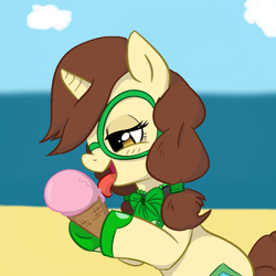 Size: 800x800 | Tagged: safe, artist:madmax, oc, oc only, oc:madmax, pony, unicorn, beach, female, glasses, hoof shoes, ice cream, licking, lidded eyes, mare, ponysona, self portrait, solo, stupid sexy, tongue out