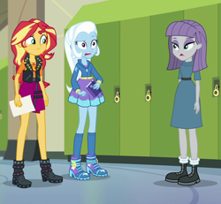 Size: 1040x960 | Tagged: safe, derpibooru import, screencap, maud pie, sunset shimmer, trixie, equestria girls, equestria girls series, forgotten friendship, boots, canterlot high, clothes, cropped, hallway, high heels, hoodie, kneesocks, leather vest, lockers, shoes, skirt, socks