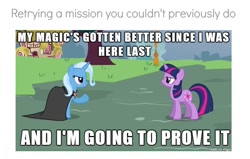 Size: 706x450 | Tagged: safe, derpibooru import, edit, edited screencap, screencap, trixie, twilight sparkle, unicorn twilight, pony, unicorn, magic duel, alicorn amulet, duo, female, funny, image macro, mare, meme, text, trixie yells at everything