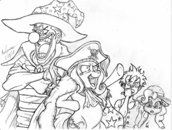 Size: 1060x800 | Tagged: safe, artist:irie-mangastudios, derpibooru import, pinkie pie, trixie, earth pony, pony, unicorn, buggy the clown, costume swap, crossover, female, hat, laughing, mare, monkey d luffy, monochrome, one piece, pencil drawing, pirate, traditional art