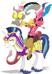 Size: 6431x9049 | Tagged: safe, artist:andypriceart, artist:gray-gold, discord, shining armor, pony, unicorn, absurd resolution, angry, armor, clothes, frown, glare, jockey, riding, riding crop, simple background, smiling, transparent background, unamused, vector, wide eyes