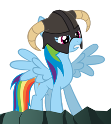 Size: 848x941 | Tagged: safe, artist:mrlolcats17, rainbow dash, pegasus, pony, female, helmet, horned helmet, mare, simple background, skyrim, solo, spread wings, the elder scrolls, transparent background, vector, wings