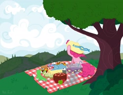 Size: 2475x1913 | Tagged: safe, gummy, pinkie pie, earth pony, pony, food, picnic, scenery