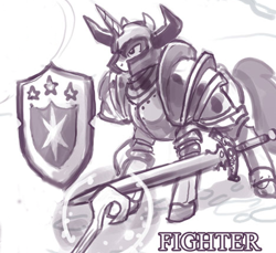 Size: 468x428 | Tagged: safe, artist:johnjoseco, shining armor, pony, unicorn, armor, cosplay, dragon's crown, fantasy class, knight, shield, solo, sword, warrior