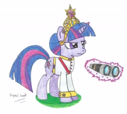 Size: 5323x4815 | Tagged: safe, artist:ulyssesgrant, derpibooru import, twilight sparkle, unicorn twilight, pony, unicorn, absurd resolution, army, big crown thingy, binoculars, clothes, element of magic, female, field marshal, magic, magic aura, mare, simple background, telekinesis, traditional art, uniform, war, white background