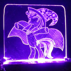 Size: 1182x1182 | Tagged: safe, artist:malte279, derpibooru import, trixie, acrylic glass, acrylic plastic, acrylight, cape, clothes, craft, engraving, hat, led, plexiglass, solo, trixie's cape, trixie's hat