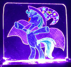 Size: 1065x1000 | Tagged: safe, artist:malte279, derpibooru import, trixie, acrylic glass, acrylic plastic, acrylight, cape, clothes, craft, engraving, hat, led, multi colored, plexiglass, solo, trixie's cape, trixie's hat