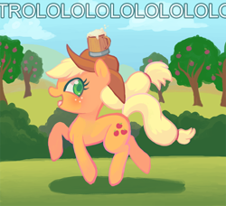 Size: 650x593 | Tagged: safe, artist:mazzlebee, applejack, earth pony, pony, troll, the super speedy cider squeezy 6000, cider, colored pupils, i didn't learn anything, solo, trololo