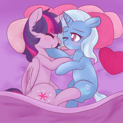 Size: 900x900 | Tagged: safe, artist:pegacornss, derpibooru import, trixie, twilight sparkle, twilight sparkle (alicorn), alicorn, pony, bed, blushing, cuddling, female, horns are touching, lesbian, mare, shipping, snuggling, twixie