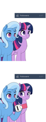 Size: 600x1600 | Tagged: safe, artist:dekomaru, derpibooru import, trixie, twilight sparkle, pony, unicorn, female, lesbian, mare, over 9000, scouter, shipping, tumblr, tumblr:ask twixie, twixie