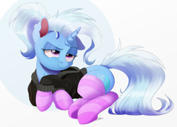 Size: 2000x1438 | Tagged: safe, artist:ncmares, derpibooru import, trixie, pony, unicorn, clothes, cute, female, hoodie, mare, nose wrinkle, simple background, smug, socks, solo, striped socks, thigh highs, white background