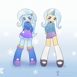 Size: 2000x2000 | Tagged: safe, artist:howxu, derpibooru import, trixie, equestria girls, clothes, horned humanization, humanized, mary janes, school uniform, self paradox, snow, snowflake