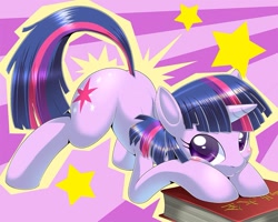 Size: 971x777 | Tagged: safe, artist:oze, derpibooru import, twilight sparkle, unicorn twilight, pony, unicorn, abstract background, blushing, book, cheek squish, cute, duckface, face down ass up, female, implied spanking, japanese, looking at you, mare, pixiv, plot, pouting, raised tail, solo, squishy cheeks, stars, twiabetes