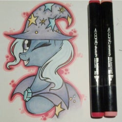 Size: 400x400 | Tagged: safe, artist:pizza0u0, derpibooru import, trixie, pony, unicorn, female, mare, markers, solo, traditional art, wink