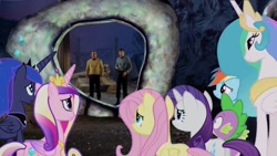 Size: 1440x810 | Tagged: safe, edit, edited screencap, screencap, fluttershy, princess cadance, princess celestia, princess luna, rainbow dash, rarity, spike, equestria girls, equestria girls (movie), exploitable meme, guardian of forever, james t kirk, portal meme, spock, star trek, vulcan