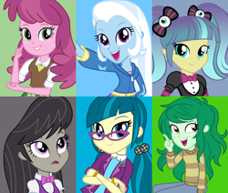 Size: 1252x1064 | Tagged: safe, artist:themexicanpunisher, derpibooru import, cheerilee, juniper montage, octavia melody, pixel pizazz, trixie, wallflower blush, equestria girls, alternate mane six, alternate universe, female, glasses, pigtails, sextet, the windy six, twintails