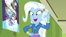 Size: 1920x1080 | Tagged: safe, derpibooru import, screencap, trixie, better together, equestria girls, forgotten friendship, canterlot high, lockers, magic show, open mouth, playing card, poster