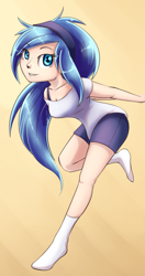 Size: 1017x1920 | Tagged: safe, artist:lovelyneckbeard, princess luna, human, bra strap, clothes, headband, humanized, looking at you, shirt, shorts, smiling, socks, solo