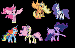 Size: 1024x650 | Tagged: safe, artist:oliwia2514, part of a set, applejack, fluttershy, pinkie pie, princess luna, rainbow dash, rarity, twilight sparkle, twilight sparkle (alicorn), alicorn, pony, applecorn, black background, ethereal mane, everyone is an alicorn, female, fluttercorn, mane six, mane six alicorns, mare, ms paint, palette swap, pinkiecorn, race swap, rainbowcorn, raricorn, simple background, starry mane, xk-class end-of-the-world scenario