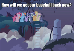 Size: 680x464 | Tagged: safe, derpibooru import, applejack, fluttershy, pinkie pie, rainbow dash, rarity, twilight sparkle, earth pony, pegasus, pony, unicorn, baseball, bridge, everfree forest, image macro, the sandlot