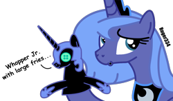 Size: 1146x675 | Tagged: safe, artist:roger334, nightmare moon, princess luna, alicorn, pony, burger king, cute, puppet, s1 luna, simple background, transparent background, vector, ventriloquism, wat