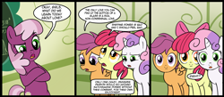 Size: 1500x656 | Tagged: safe, artist:madmax, apple bloom, cheerilee, scootaloo, sweetie belle, hearts and hooves day (episode), anti-shipping, cmc learn their lesson, comic, cutie mark crusaders, exploitable meme, fourth wall, hearts and hooves day, looking at you, meme