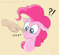 Size: 760x710 | Tagged: safe, artist:pooryorick, pinkie pie, human, boop, bust, cross-eyed, exclamation point, floppy ears, hand, interrobang, looking at something, onomatopoeia, open mouth, portrait, question mark, simple background