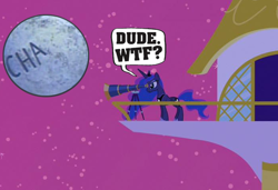 Size: 698x477 | Tagged: safe, princess luna, alicorn, pony, balcony, chairface chippendale, graffiti, moon, solo, telescope, the tick