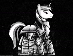 Size: 1612x1252 | Tagged: safe, artist:divinearms, shining armor, pony, unicorn, armor, monochrome, solo, traditional art