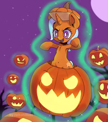 Size: 897x1012 | Tagged: safe, artist:raikoh, derpibooru import, trixie, pony, unicorn, vampony, halloween, holiday, jack-o-lantern, levitation, magic, monster mare, nightmare night, pumpkin, telekinesis